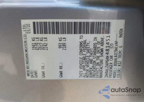 2010 Nissan Altima 2.5 S z USA, uszkodzony, nr VIN 1N4AL2AP6AN481451